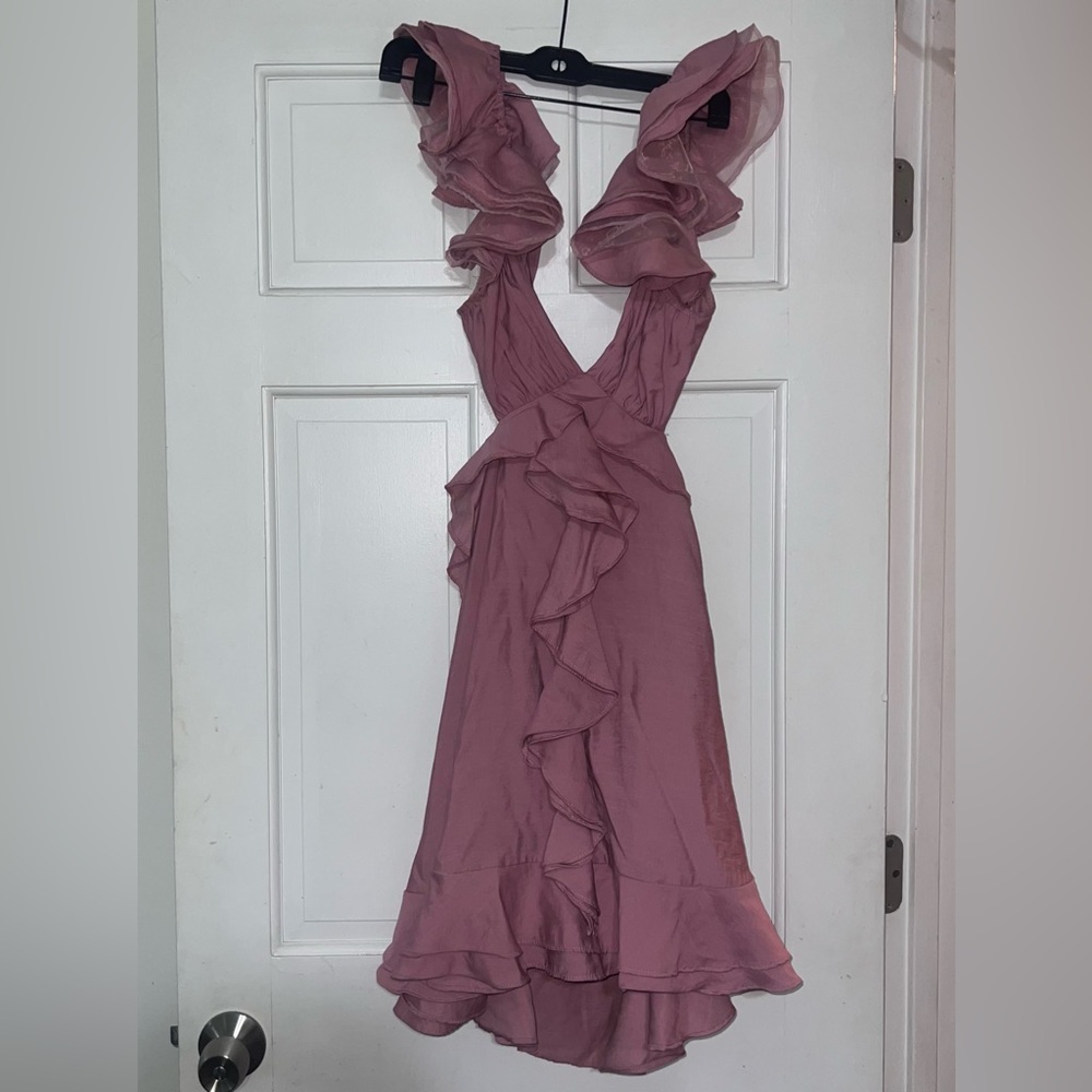 RoseVelvet Glinda Mauve V-Neck Ruffle Dress With Side Cut Outs Size Small